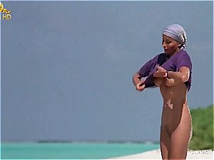 wondrous Bo Derek demonstrating off her hairy vagina at the beach