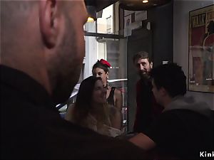 Spanish stunner takes restrain bondage in public bar